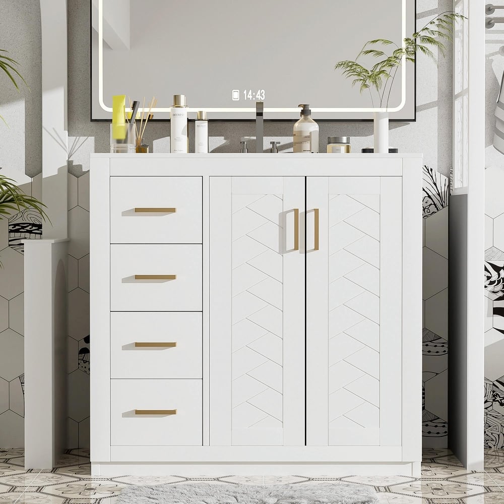 36'' Bathroom Vanity with Ceramic Sink Combo, Solid Wood Frame Bathroom Storage Cabinet