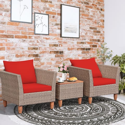 Gymax 3PCS Rattan Patio Conversation Furniture Set w/ Wooden Feet Red - See Details