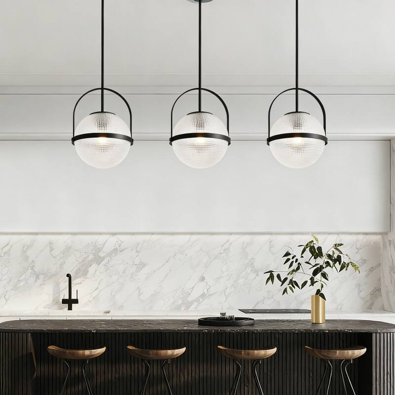 1-Light Modern Industrial Black Metal/Gold Pendant Light with Textured Glass Globe Shade for Kitchen Island Dining Room