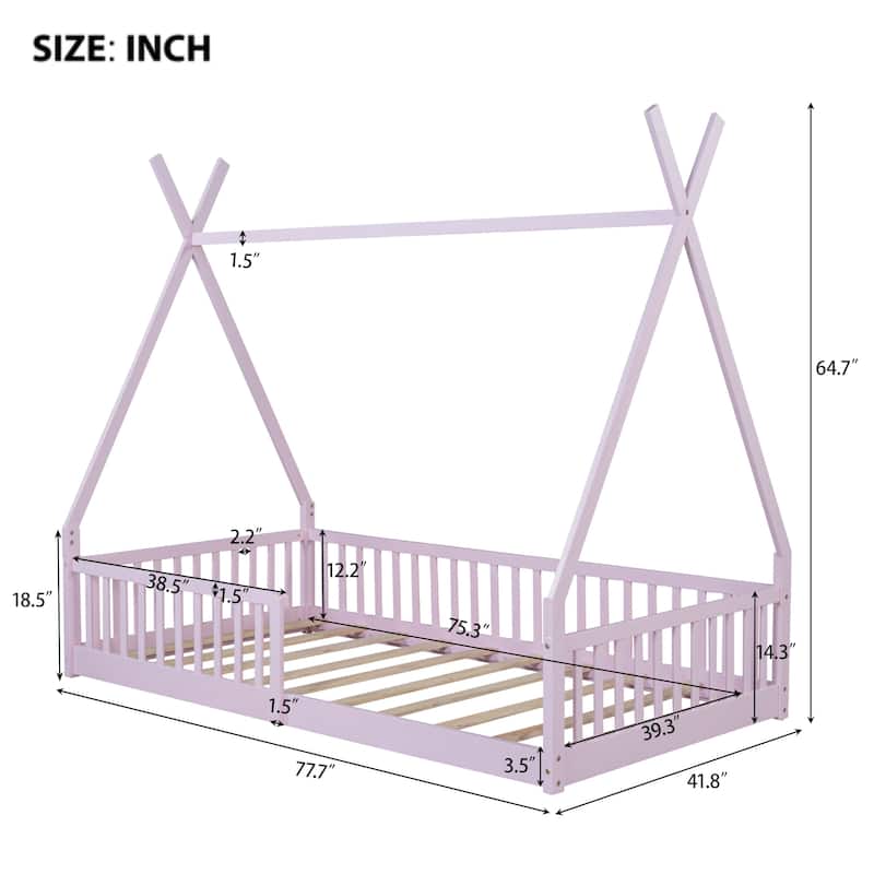 Twin Size Floor Bed, Platform Bed Frame with Fence and Roof, Solid Wood Playhouse Bedframe w/Open Door, No Box Spring Needed