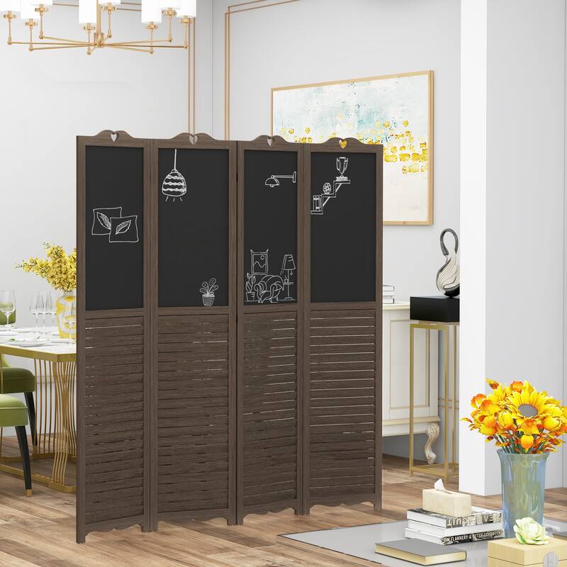 HOMCOM 4-Panel Folding Room Divider with Blackboard, 5.5 Ft Tall Freestanding Privacy Screen Panels for Bedroom or Office, Gray - Walnut