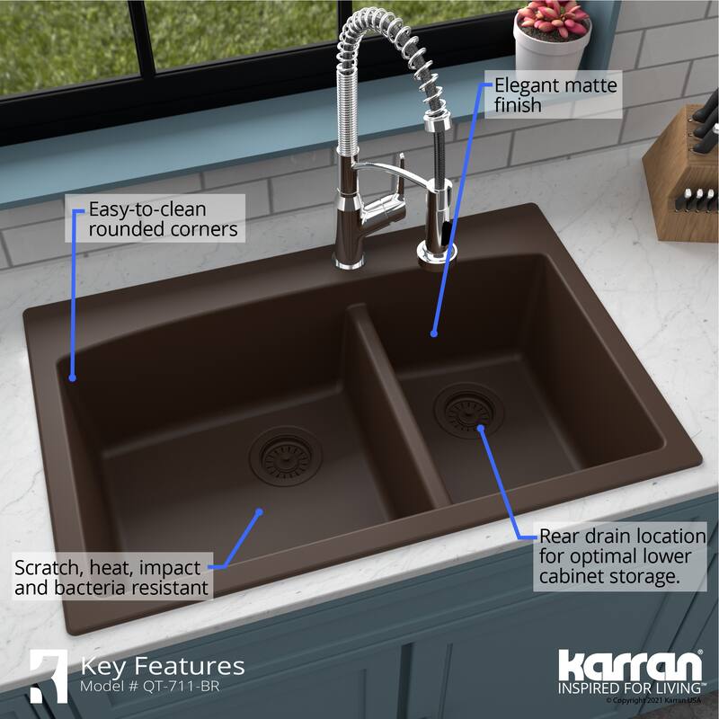 Karran Drop-In Quartz 33 in. 1-Hole 60/40 Double Bowl Kitchen Sink Kit