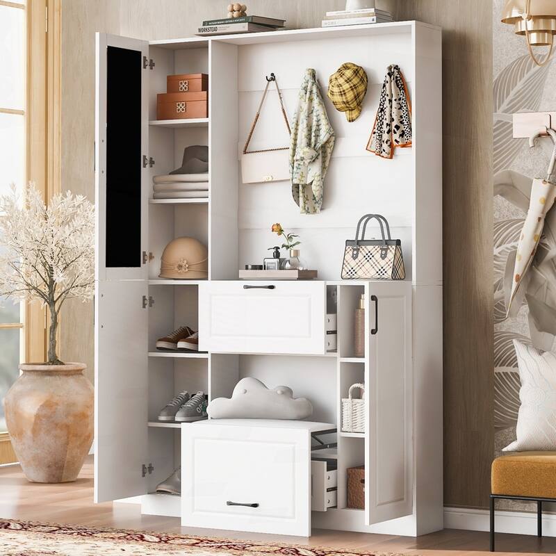 Entryway Bench with Integrated Shoe Cabinet - White