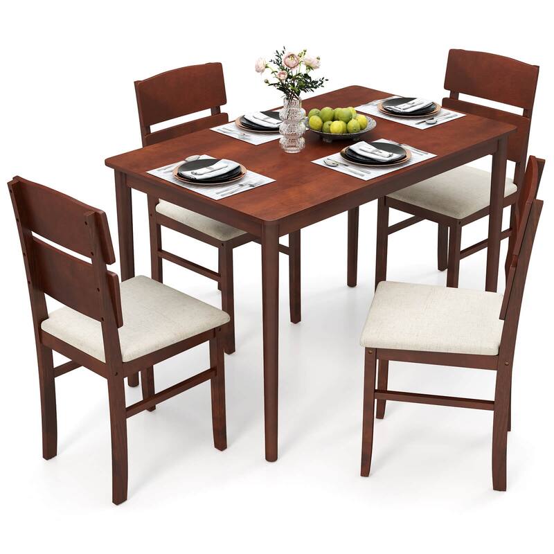Costway 5 PCS Dining Table Set for 4 Farmhouse Wooden Table & 4 - See Details - Walnut+Beige