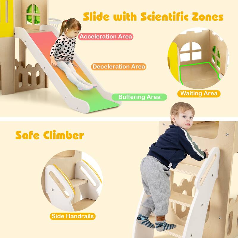 Gymax 7-in-1 Toddler Slide Set Wooden Castle-Shaped Entertainment