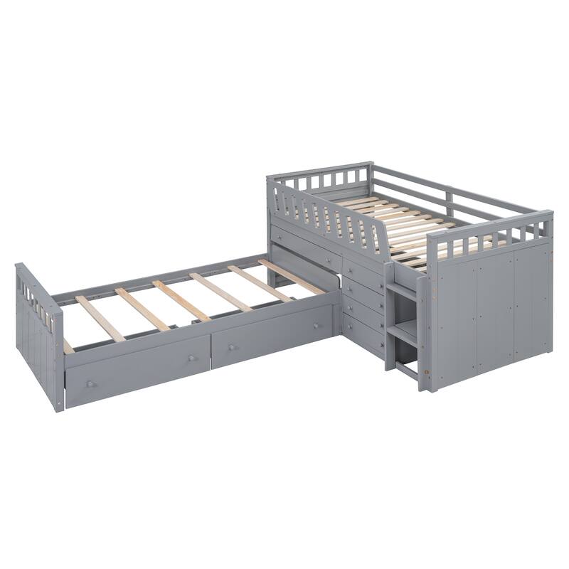 L-shaped Space-Saving Twin Loft and Twin Platform Bed with 7 Drawers and Full Guardrails(GRAY)