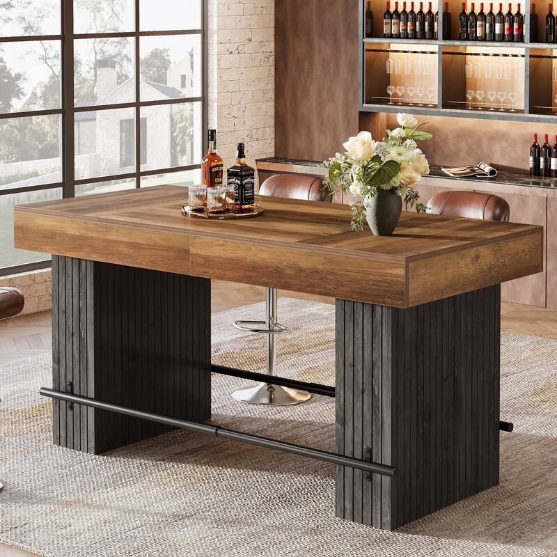63-Inch Bar Table, Industrial Counter Height Pub Dining Table with Metal Footrest - Rustic Brown