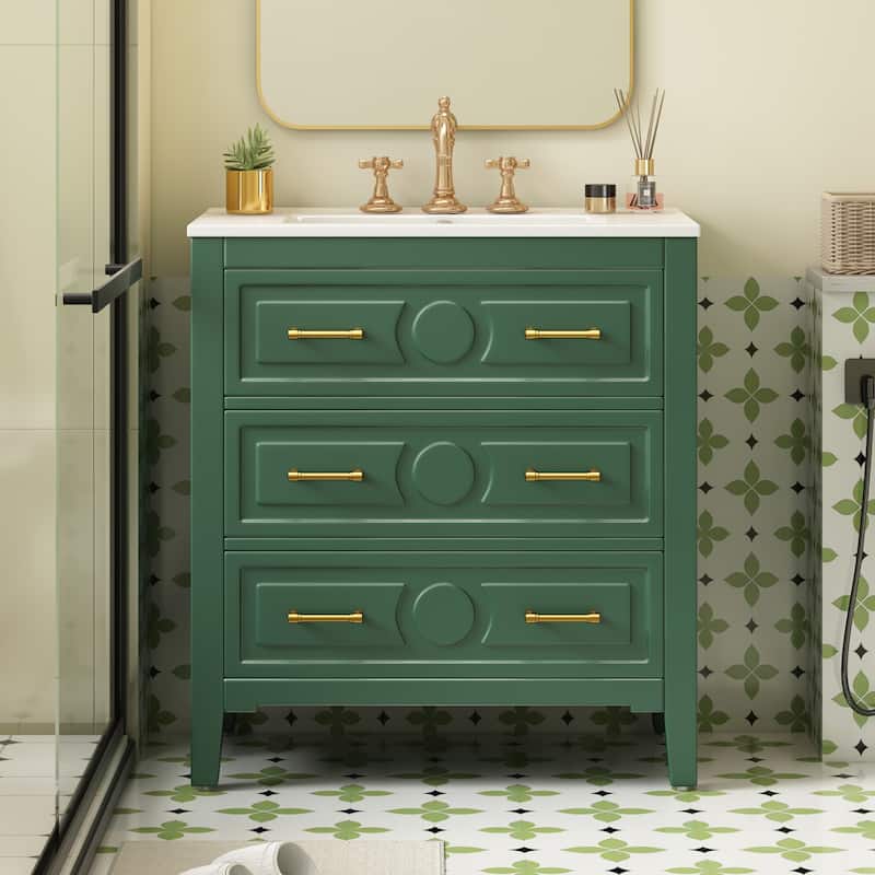 GDFStudio - Wimborne Retro Freestanding Bathroom Vanity with Ceramic Sink and 3 Storage Drawers - 30'W