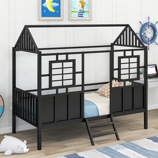 Black Playhouse Design Metal Low Loft House Bed with Roof