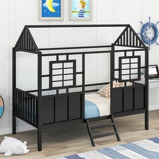 Nestfair Twin Size Metal Low Loft Bed with Roof and Two Front Windows ...