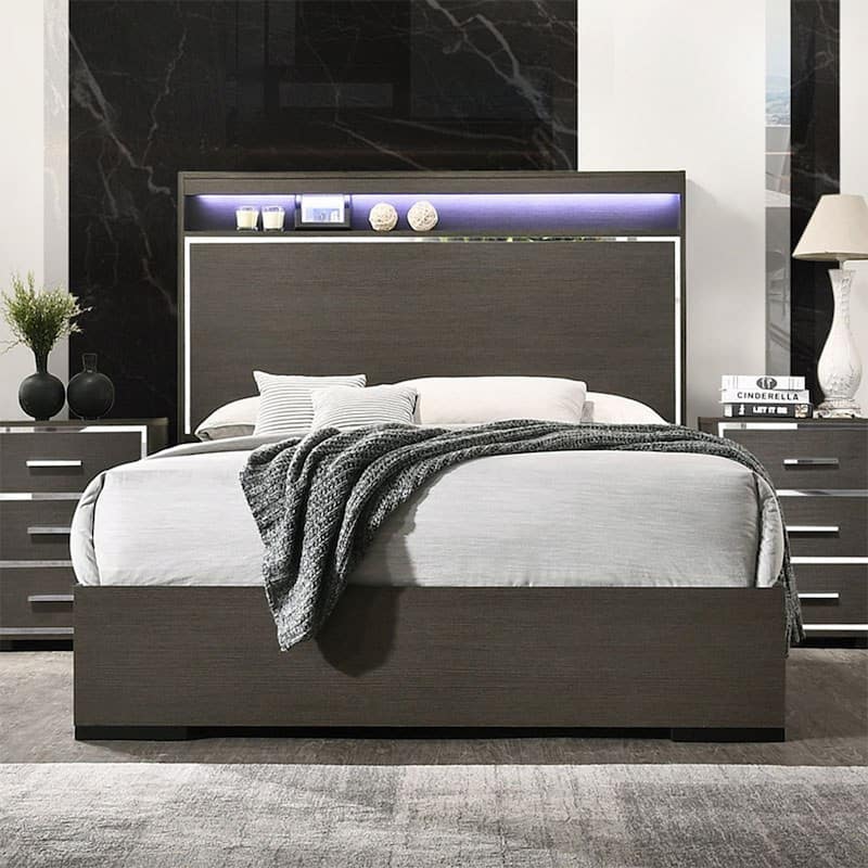 Wooden Eastern King Bed with LED in Gray Oak Finish