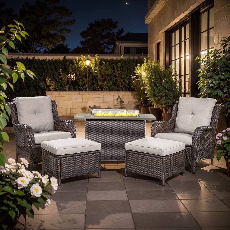 Fire Pit Table with Patio Chairs Ottomans - Beige - Brown