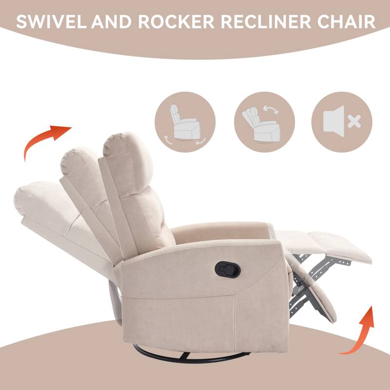 Roomfitters Swivel Rocker Recliner Chair Manual 360 Degree Glider Lounge Sofa Padded Fabric Armchair for Living Room