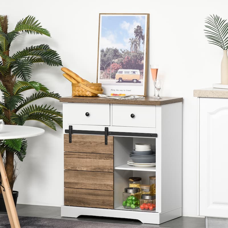 HOMCOM Retro Rustic Barn Door Storage Cabinet Farmhouse Buffet Sideboard Coffee Bar With Wine Racks for Kitchen - White