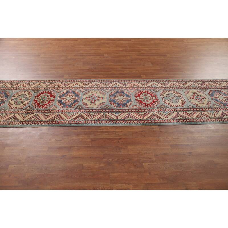 Geometric Kazak Oriental Runner Rug Hand-Knotted Wool Carpet - 2'8" x 12'2"