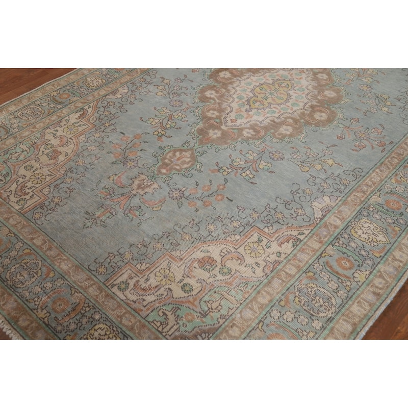 Hand Knotted Oriental 100% Wool Carpet Traditional Floral Navy Blue & Blues Tabriz Area Rug - 8' 11'' X 5' 8''