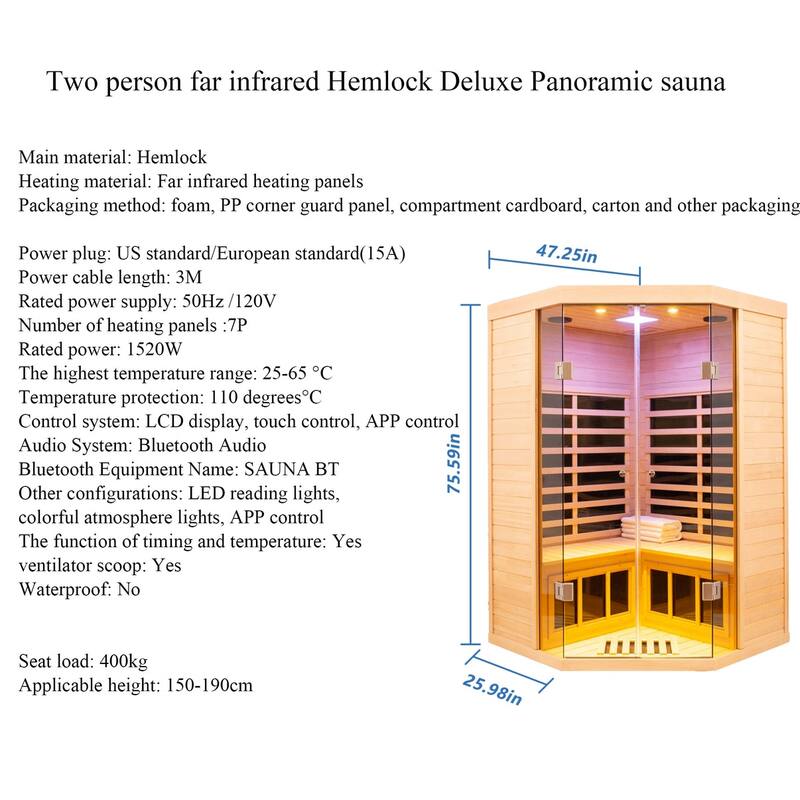 2-Person Corner Sauna with LCD Display, Touch Control, APP Control, Bluetooth and LED reading lights - 47" x 26" x 76"