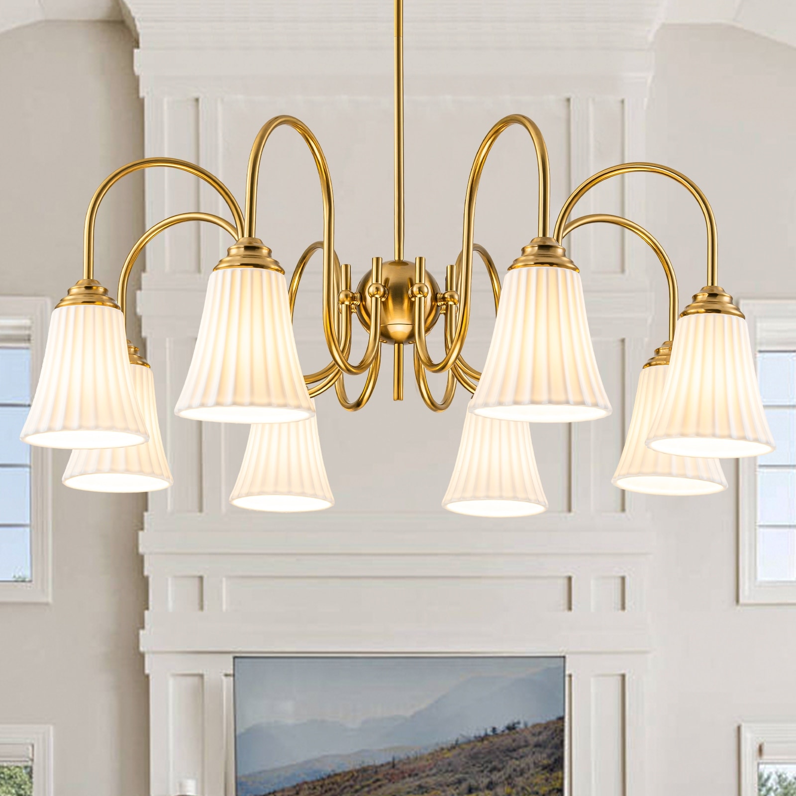 Modern Gold Chandelier Pleated Trumpet White Ceramic Shades