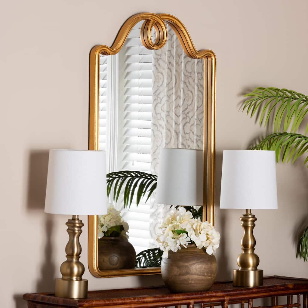 Elian Gold Wall Mirror with Decorative Top - Elegant Rectangular Accent Mirror for Entryway, Living Room, or Bedroom