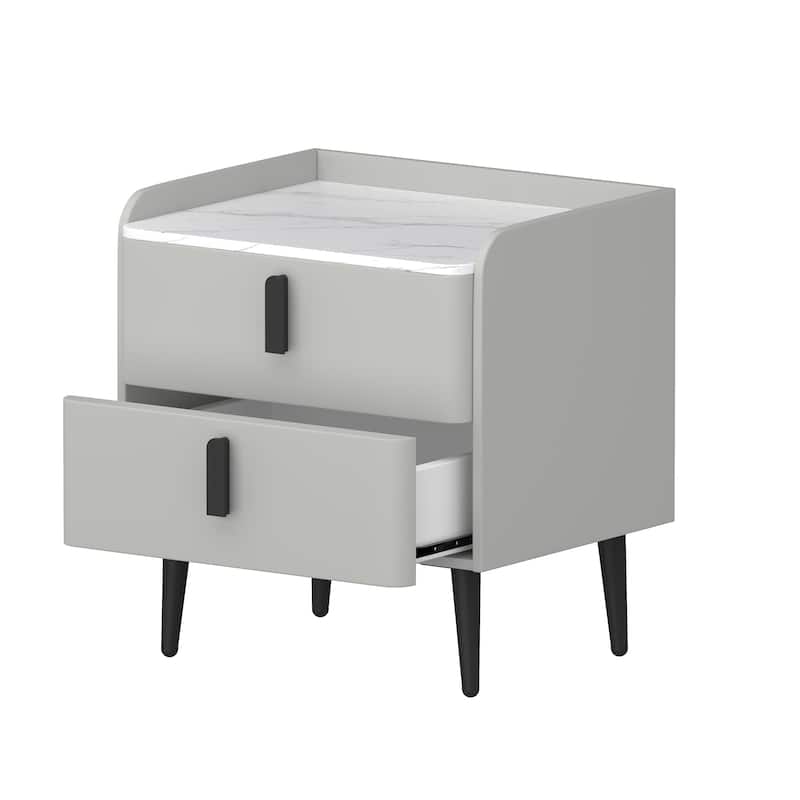 Nightstands Set of 2: 2-Drawer Marble-Pattern Top Modern Bedside/End Table - Gray
