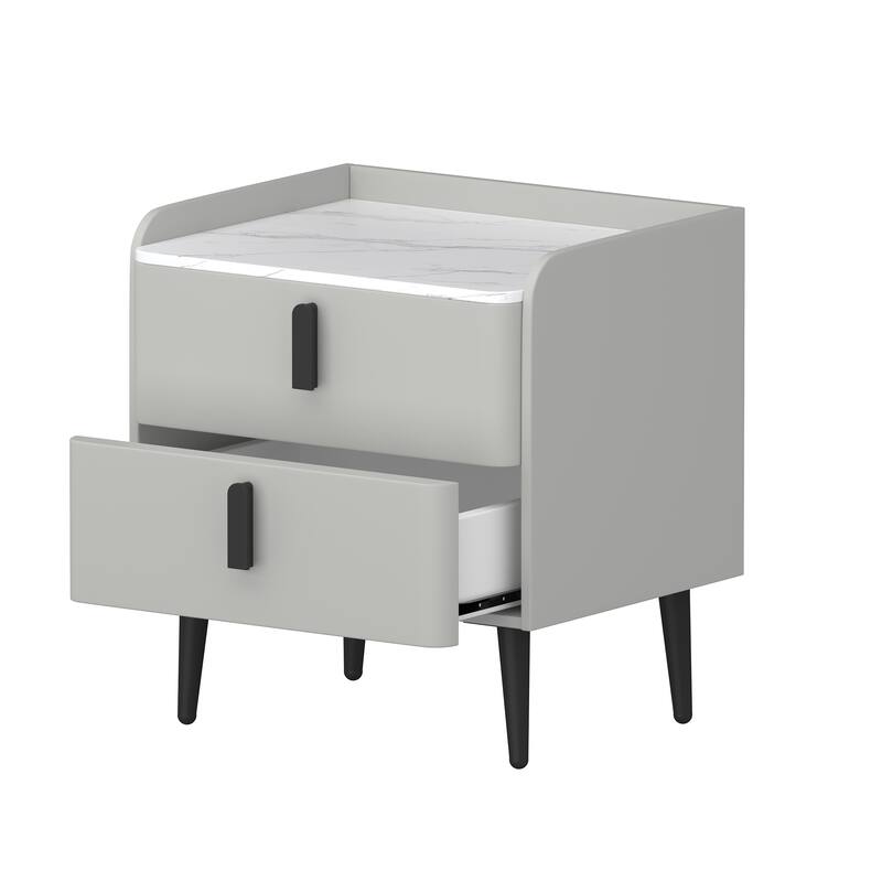 Roomfitters Modern Nightstand with 2 Drawers and Marble-Pattern Top, Bedside or End Table for Bedroom and Living Room