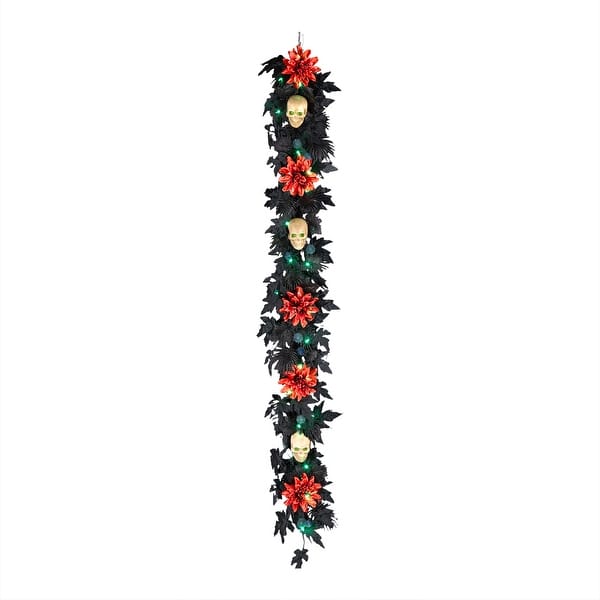 slide 2 of 4, National Tree Company 6 ft. Artificial Boo-tiful Halloween Garland with Orange Florals and White Skull, 30 Green LED Lights