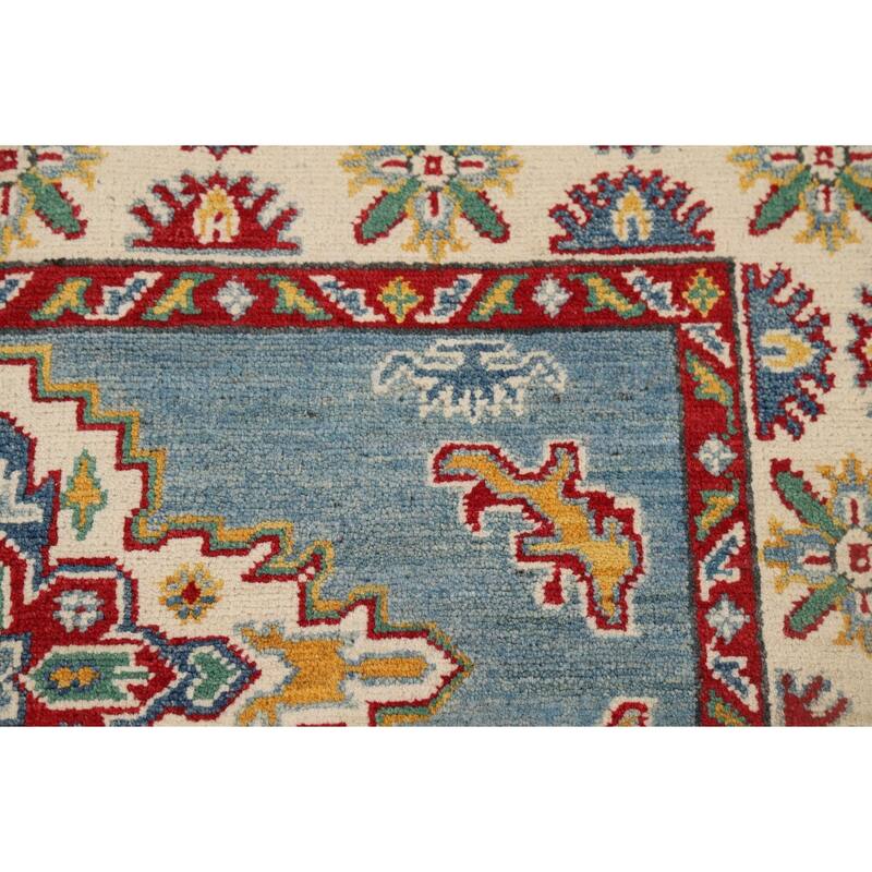 Light Blue Medallion Kazak Oriental Rug Hand-Knotted Wool Carpet - 3'5" x 4'10"