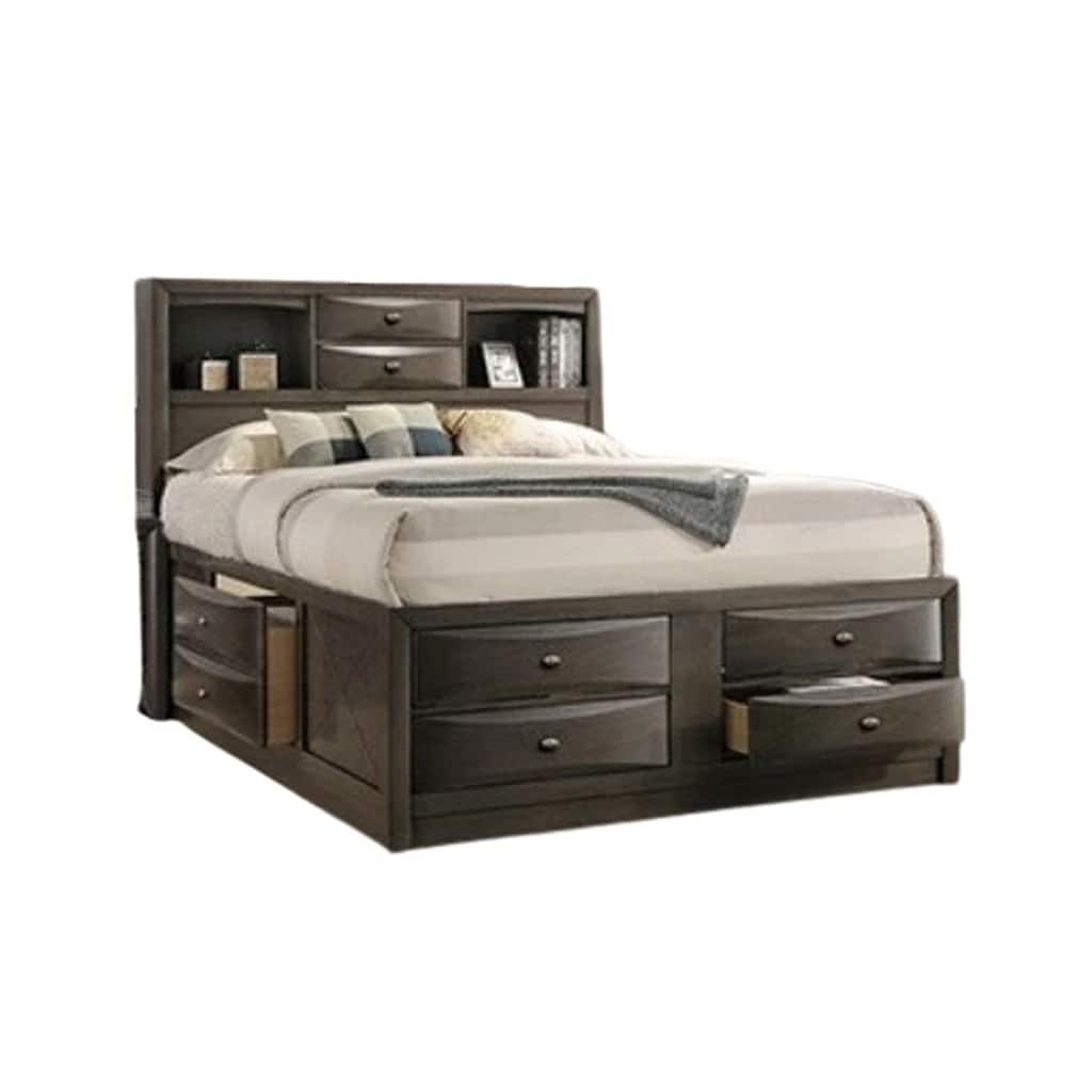 Simo King Bed, Bookcase Headboard, Storage Drawers, Gray
