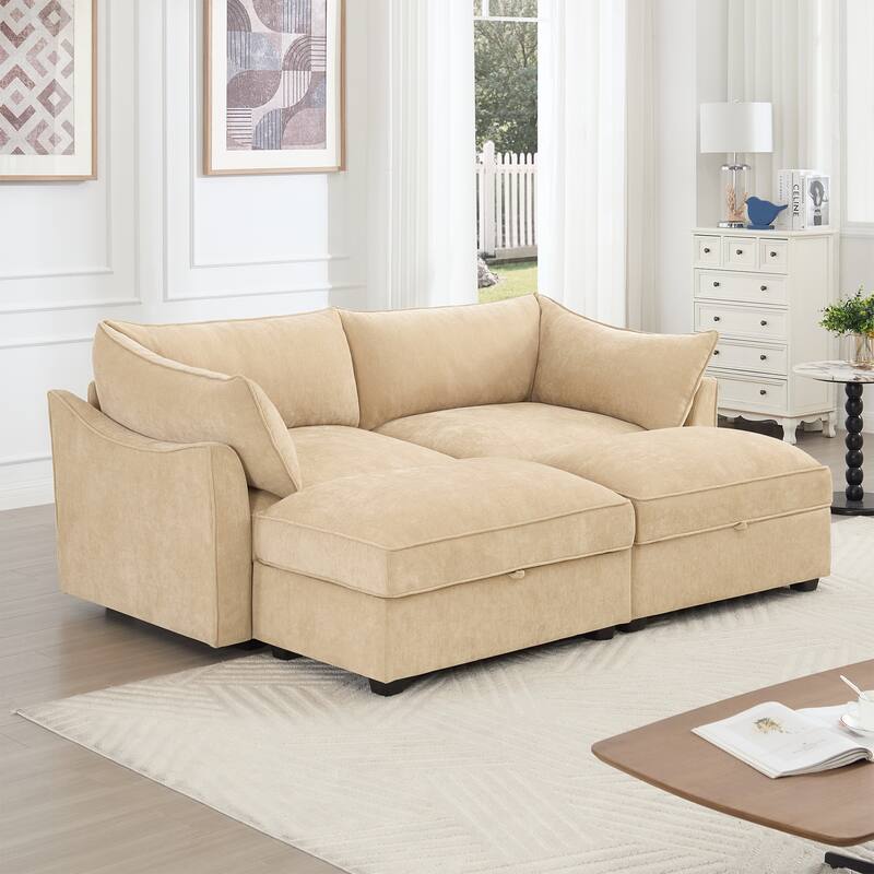 Modern Chenille Sectional Sofa Couch with Hidden Storage & 2 Ottoman