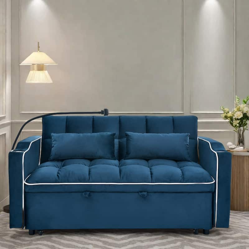 55.5"Solid Wood 2-Seat Sofa with USB Charging Ports and Phone Stand,Includes 2 Soft Pillows - Blue