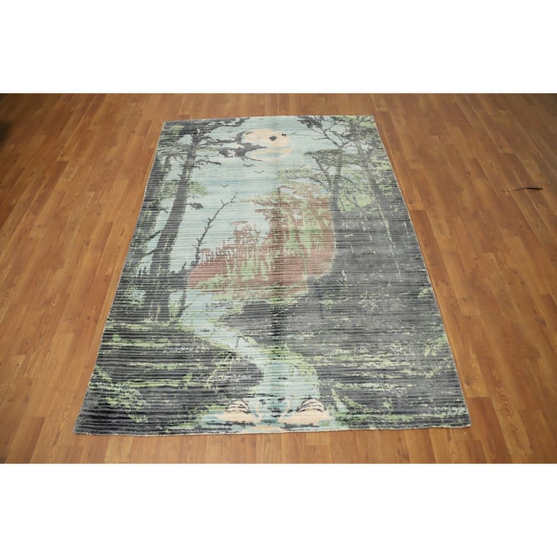 Hand Knotted Oriental Viscose Silk Carpet Modern Pictorial Multi-Colored Abstract Area Rug - 6' 8'' X 4' 6''