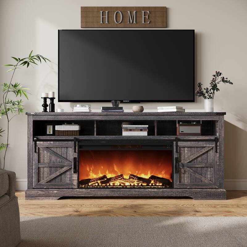 Fireplace TV Stand,Farmhouse Entertainment Center w/Sliding Barn Door - Black