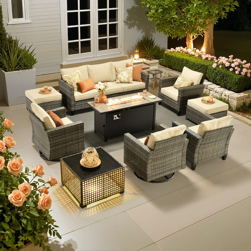 OVIOS 10 Pieces Outdoor Swivel Chair Set with Solar-Powered Table & 54" Fire Table - Beige