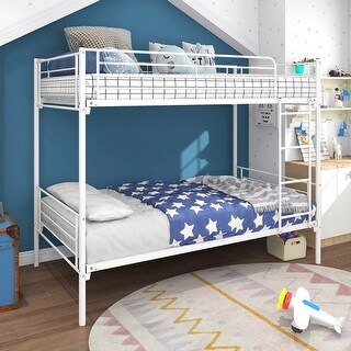 Twin-Over-Twin Bunk Bed with Metal Frame and Ladder, Space-Saving Design,White