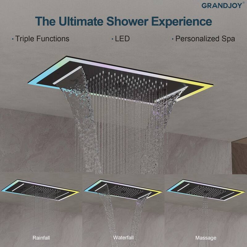GRANDJOY Thermostatic Triple-Function LED Rain and Waterfall Shower System with Handheld and Built-In Music