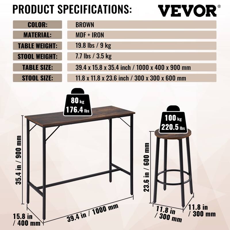 VEVOR Bar Table and Chairs Set Pub Table Set with Bar Stools Kitchen Dining Table and Chairs Set