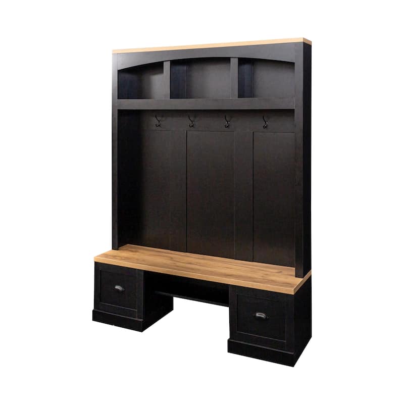 Hall Tree Entryway Cabinet with Wood Bench & Hooks, Coat Rack Storage Cabinet with Adjustable Shelves