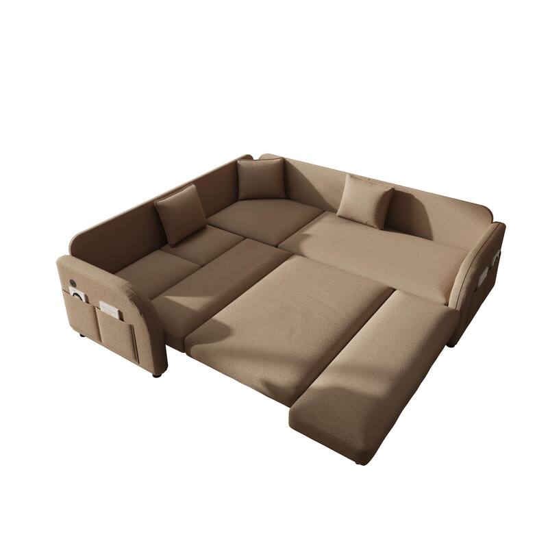Sectional Sleeper Sofa with Pull Out Bed, Convertible Teddy Fabric Couch with Side Pockets & USB Ports, L Shaped Modular Couches
