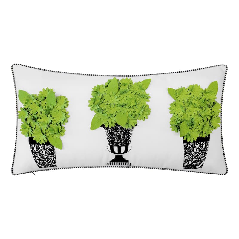 Edie At Home Indoor/Outdoor Dimensional Topiary Lumbar w Crewel Embroidered Pots Decorative Throw Pillow 13x25, Leaf Multi