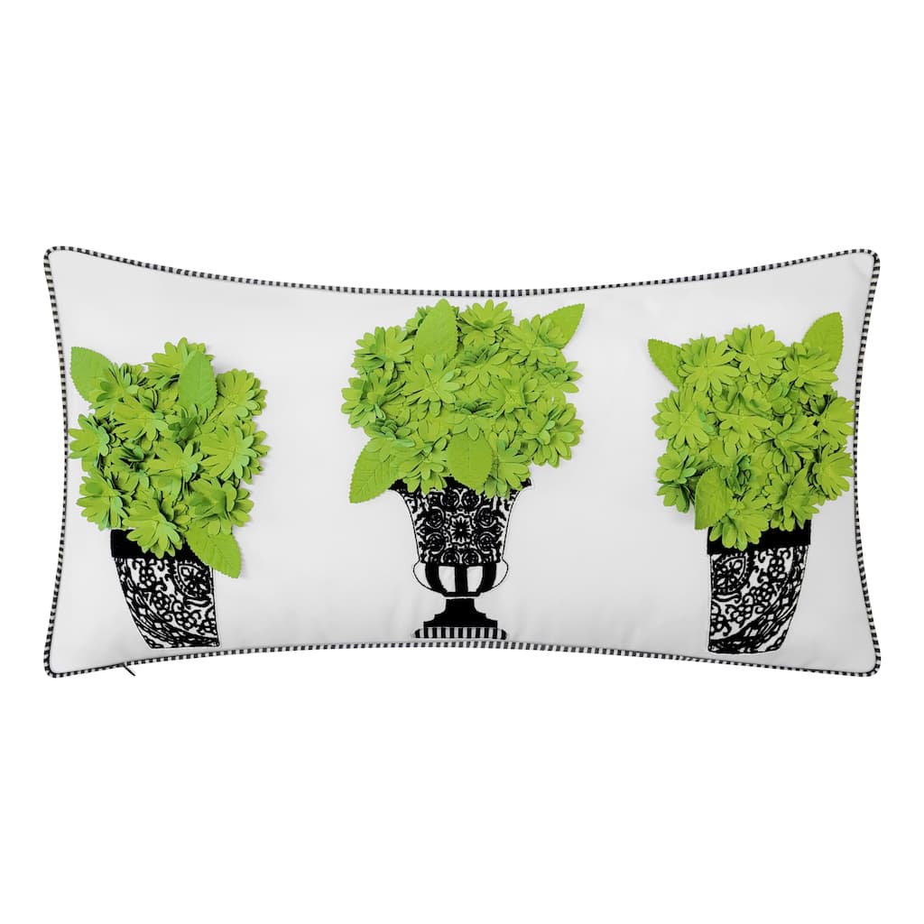 Edie At Home Indoor/Outdoor Dimensional Topiary Lumbar w Crewel Embroidered Pots Decorative Throw Pillow 13x25, Leaf Multi