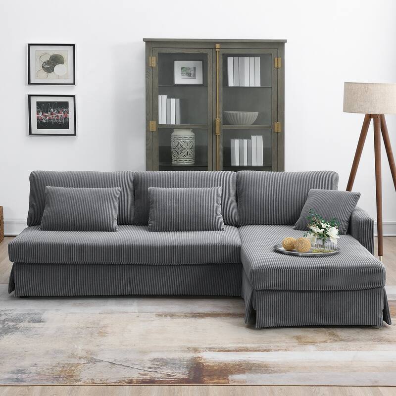 87X61"Modern L-shaped Corduroy Sofa with Reversible Chaise, 4-seat Upholstered Sectional Indoor Furniture for Living Room