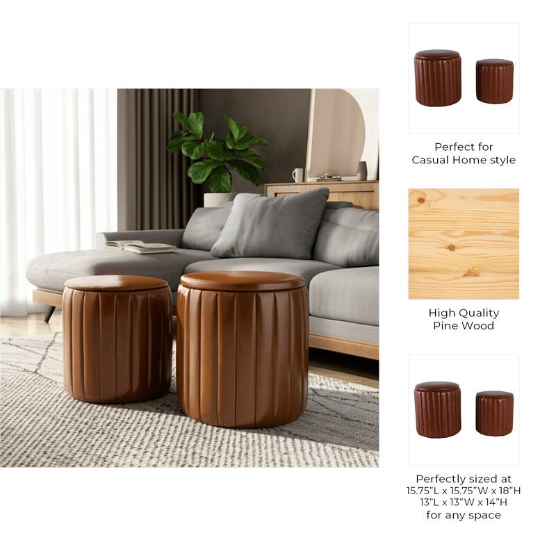 Leather and Pine Wood Ottoman Modern Storage (Set of 2) - 14/18" Brown