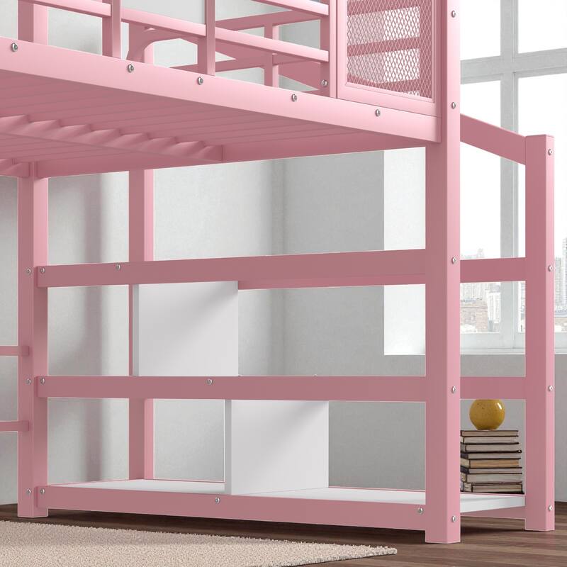 Twin/Full Metal House Loft Bed with Slide and Stairs, Kids Playhouse Bed with Roof, Storage Shelves & Guardrails