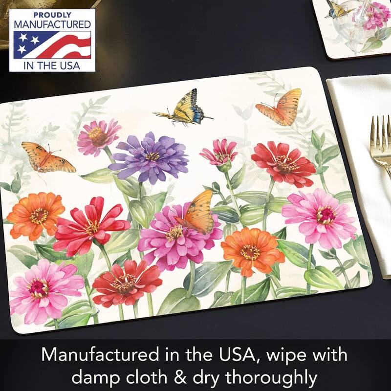 Zinnias & Butterflies Decorative Hardboard Cork Back Tabletop Placemats 4 Pack Manufactured in The USA Heat Tolerant
