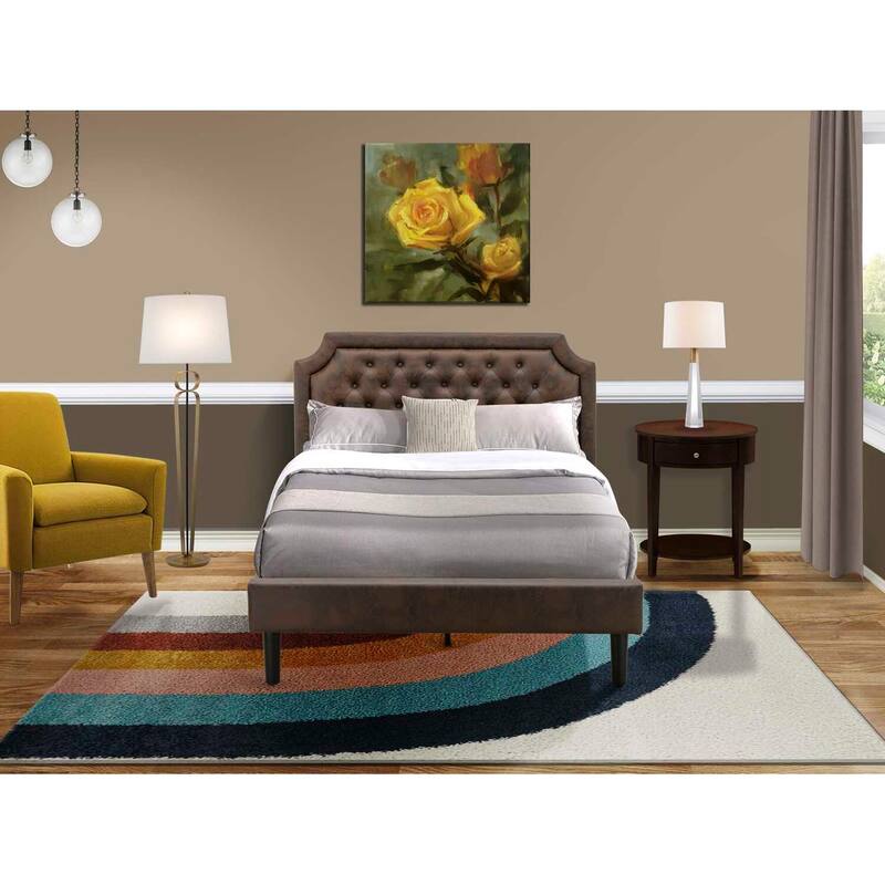 Dark Brown Faux Leather Full Platform Bed Set with Mahogany End Table and Sturdy Slat Support System