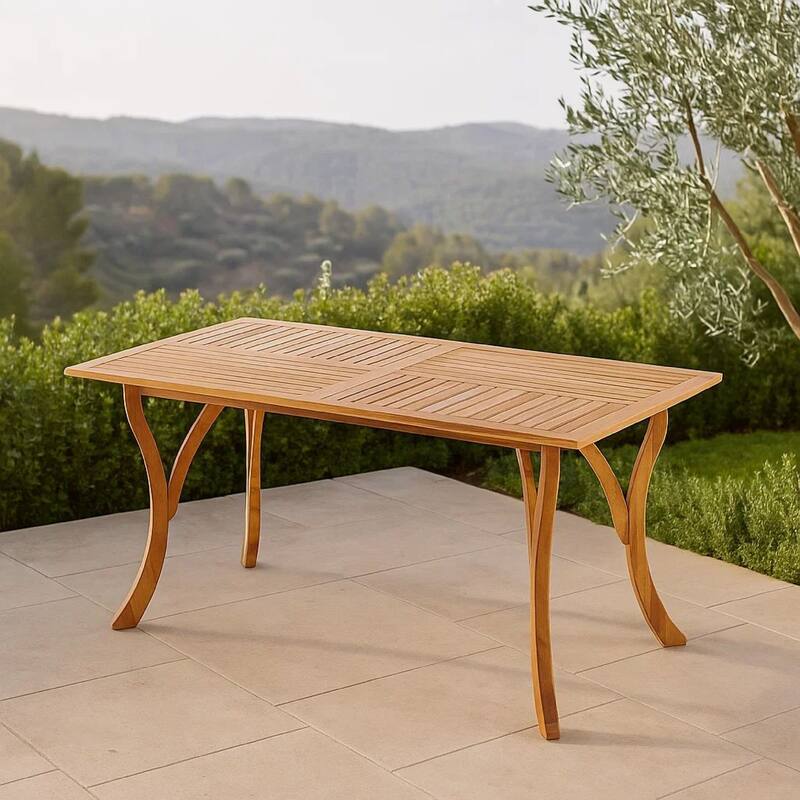 Olen Outdoor Dining Table, Slatted Rectangular 59 Inch, Brown Wood