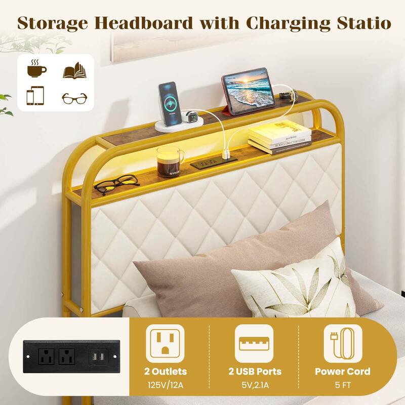 Costway Twin/Full/Queen Size Bed Frame with LED Lights & Charging