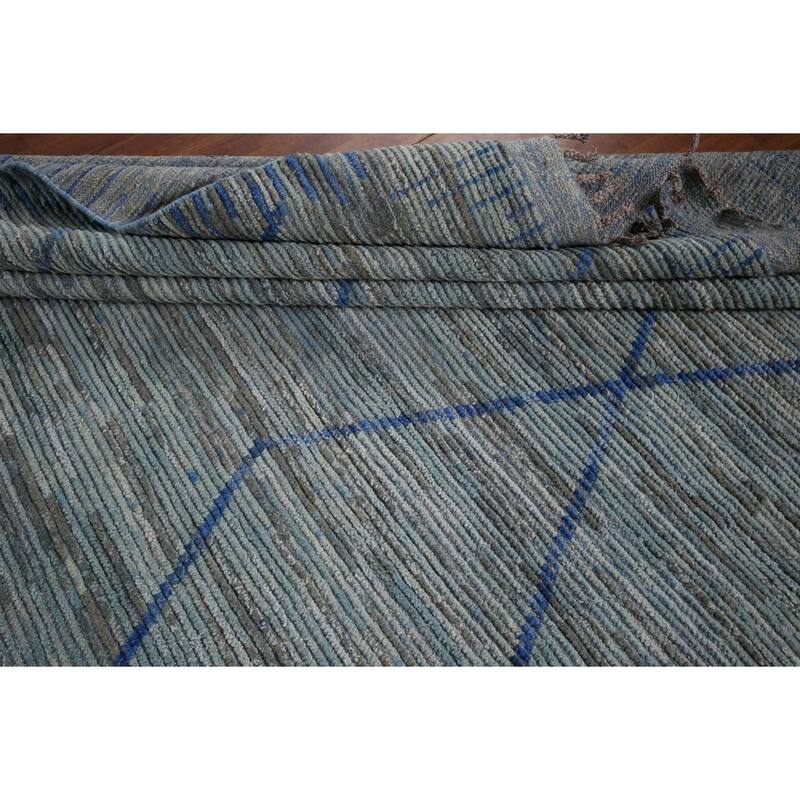 Moroccan Oriental Area Rug Hand-Knotted Blue Wool Carpet - 8'9" x 12'9"