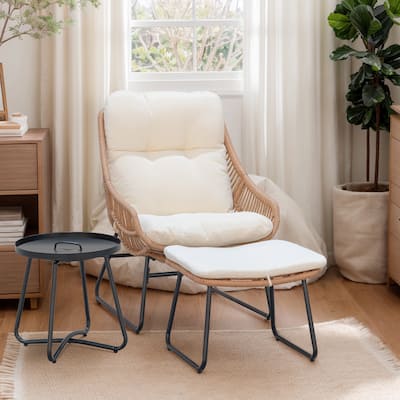 Chaise Lounge Chair with Ottoman and Coffee Table, Wicker Egg Chair Oversized Rattan Patio Cozy Chairs with Footstool