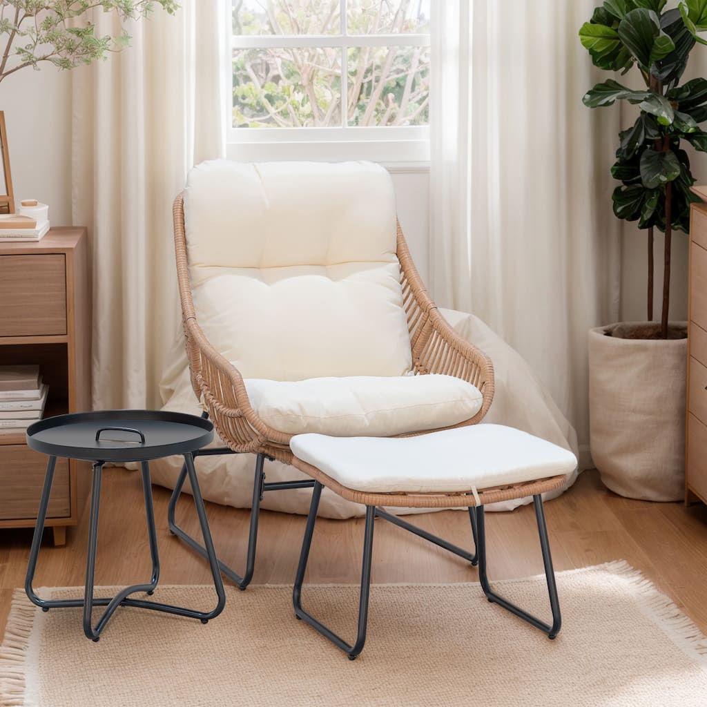 Chaise Lounge Chair with Ottoman and Coffee Table, Wicker Egg Chair Oversized Rattan Patio Cozy Chairs with Footstool